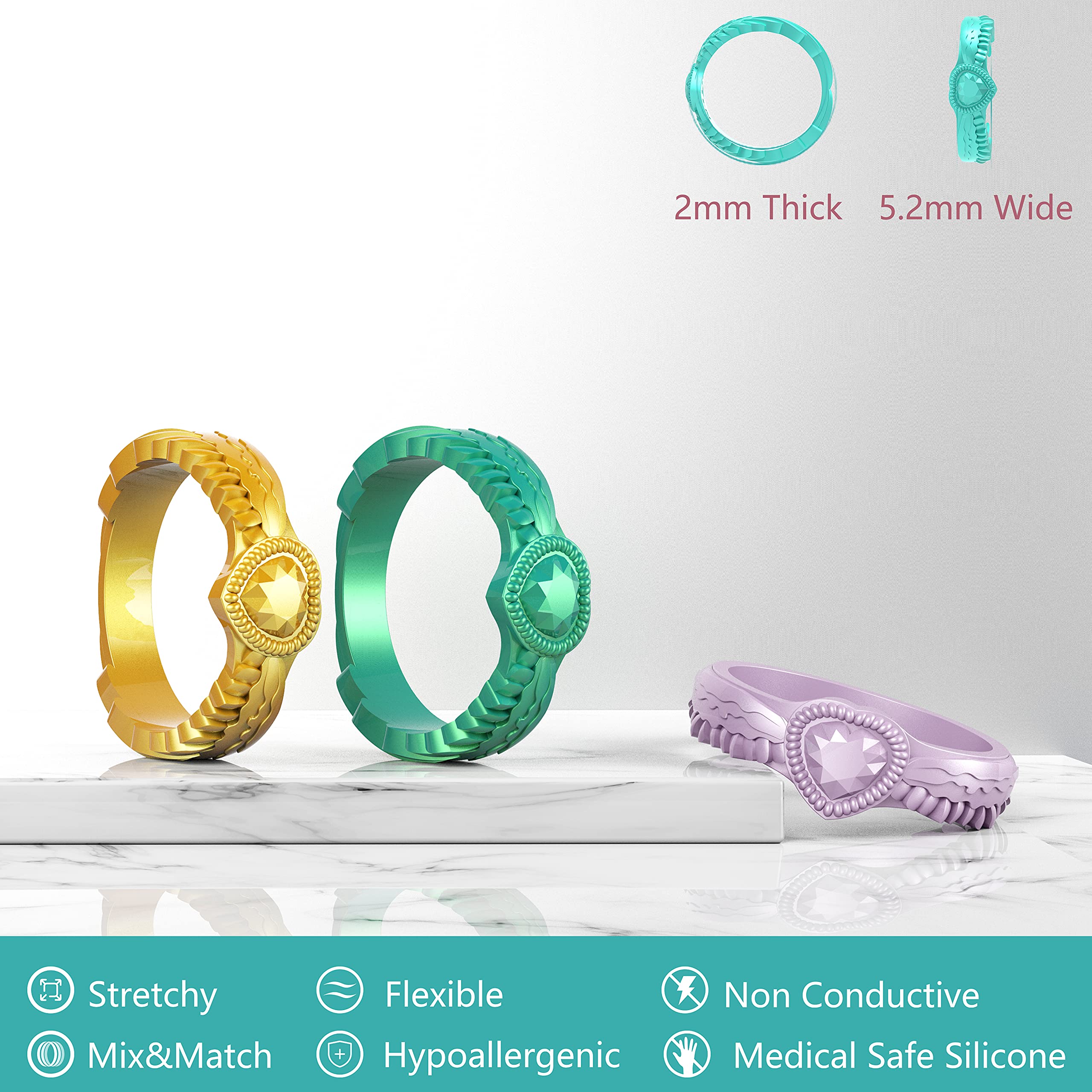 Zollen 4/7 Pack Stackable Silicone Wedding Rings for Women - Heart Shaped Diamond & Wings Design Rubber Bands | Comfortable & Durable for Daily Wear, Gym, Swimming & Outdoor Activities