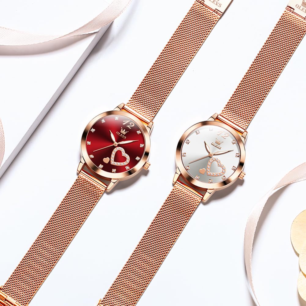 OLEVS Women's Rose Gold Minimalist Watch & Bracelet Set - Slim Analog Quartz Wristwatch for Ladies, Waterproof Two-Tone Dress Watch for Everyday Wear, Office & Special Occasions
