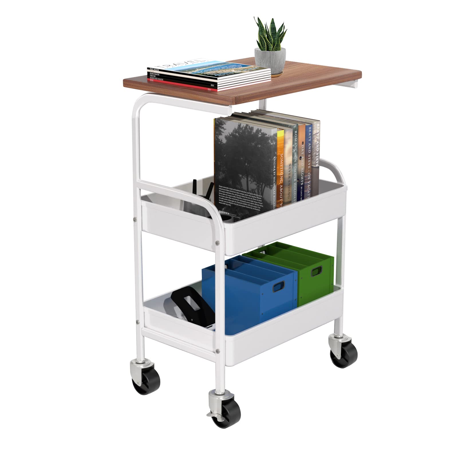3-Tier Rolling Utility Cart with Wooden Tabletop & Lockable Wheels - Metal Storage Organizer for Kitchen, Office, Bedroom - Perfect for Mobile Workstation, Pantry Organization & Home Decor (White)