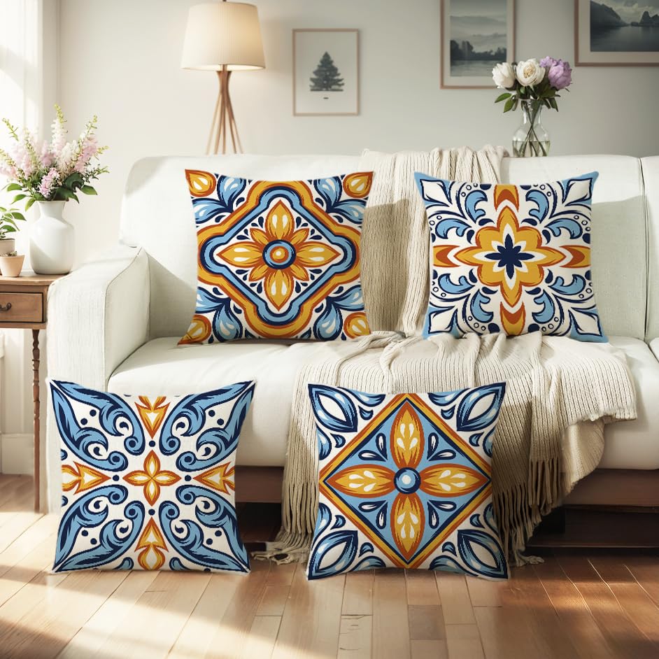 Wyooxoo Decorative Pillow Covers 20x20 Inch - Set of 4 Blue Linen Boho Farmhouse Throw Pillow Cases for Outdoor Fall Decor - Perfect for Couch, Sofa, Bedroom, Living Room, Patio & Car Accessories