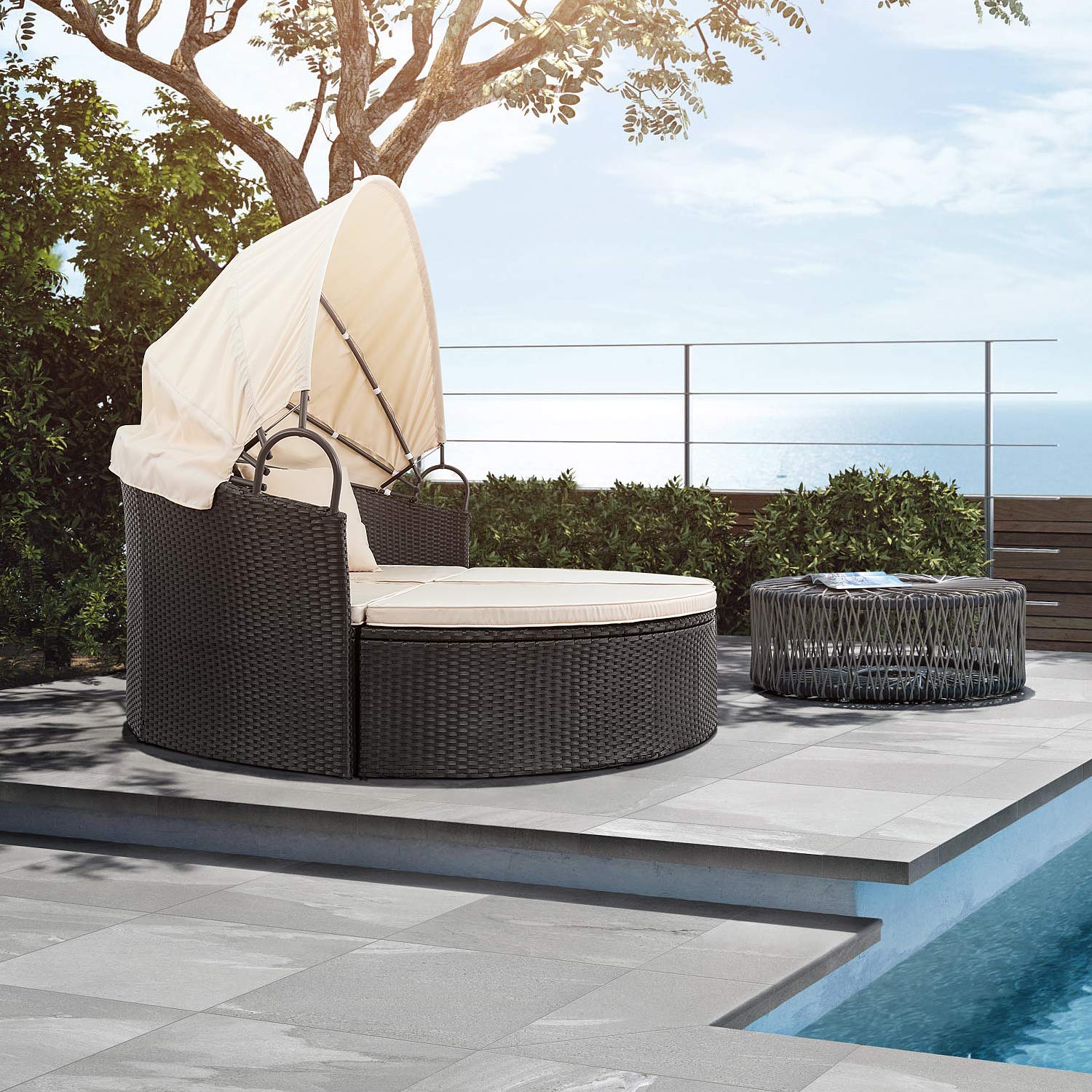 Devoko Outdoor Round Daybed with Retractable Canopy - Wicker Rattan Sectional Sofa for Patio, Garden, Backyard - Perfect for Lounging, Sunbathing & Outdoor Relaxation