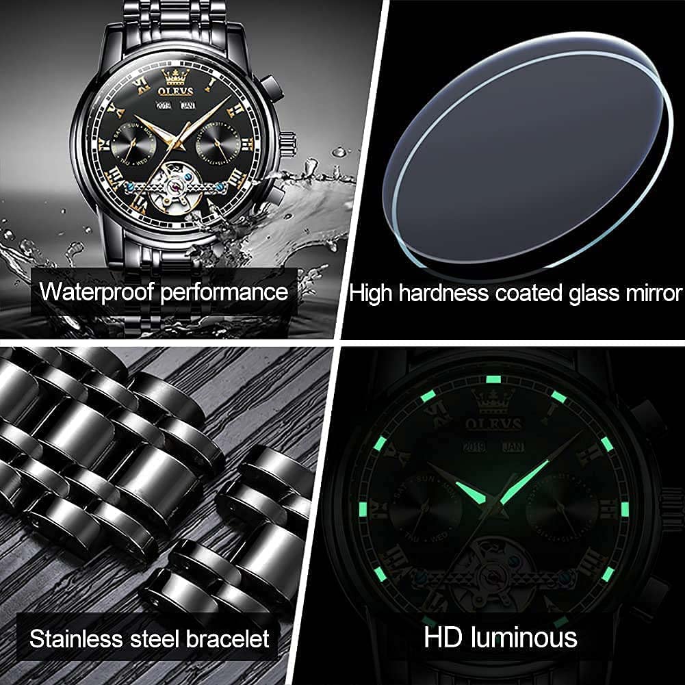 OLEVS Men's Automatic Self-Winding Tourbillon Watch - Luxury Stainless Steel Dress Watch with Luminous Hands & Waterproof Design - Perfect for Business, Formal Events & Everyday Wear