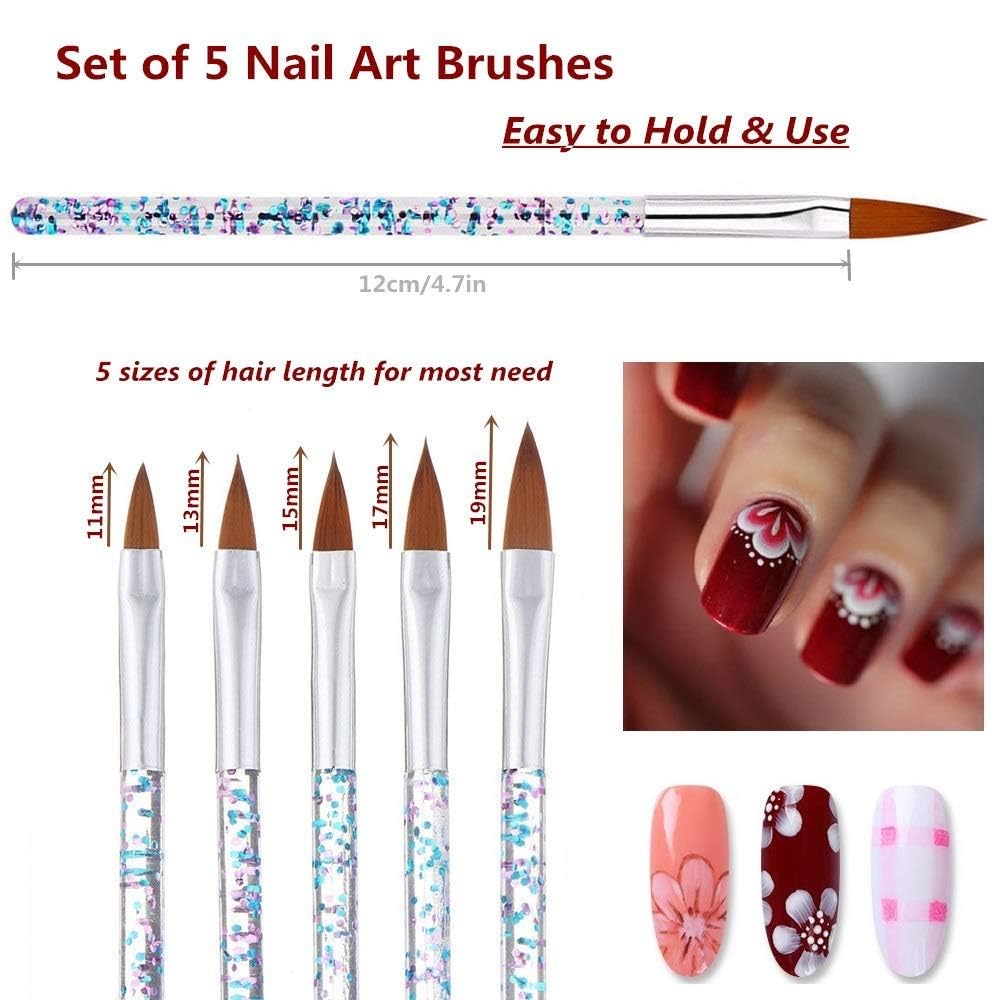 5-Piece Acrylic UV Gel Glitter Nail Art Brushes Set with Crystal Handle - Professional Nylon Hair Carving Flower Pens for Gel Polish, Nail Design & DIY Manicure - Perfect for Salon, Home Use & Nail Art Enthusiasts