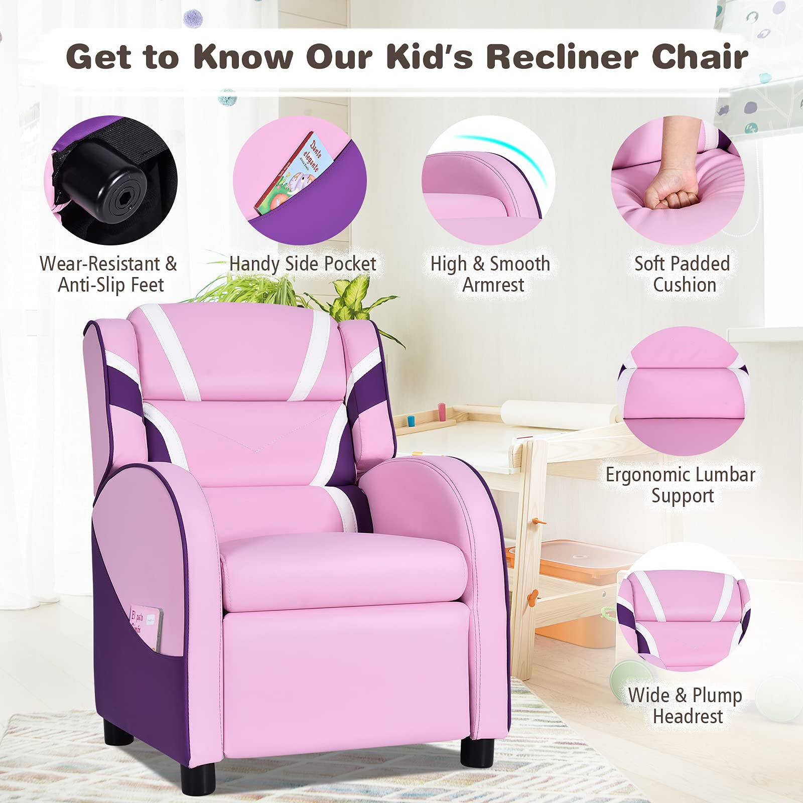 ARLIME Kids Recliner Chair - Adjustable PU Leather Lounge Chair with Footrest, Armrests & Lumbar Support - Comfortable Toddler Sofa for Boys & Girls (Pink) - Perfect for Reading, Gaming & Relaxing in Bedroom or Playroom