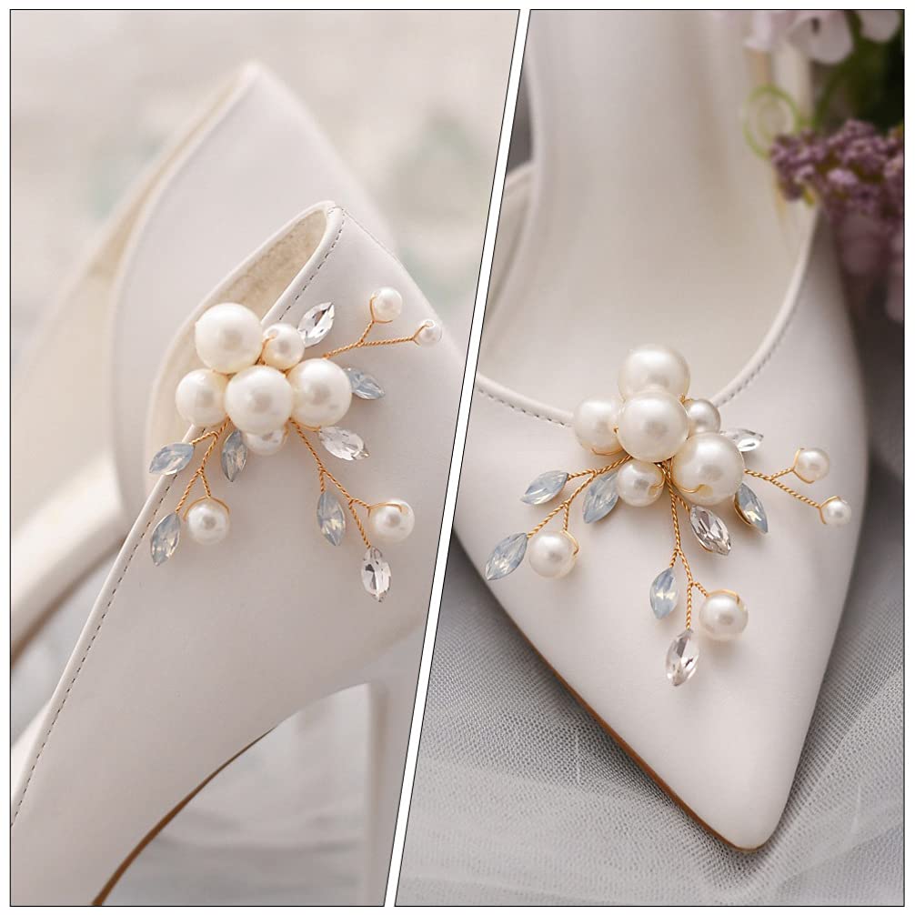 Holibanna 1 Pair Pearl Shoe Clips - Rhinestone Crystal Bridal Shoe Buckles, Decorative Flower Shoe Charms for DIY Floral Shoe Decoration - Perfect for Wedding, Party, Prom & Evening Shoes Accessories