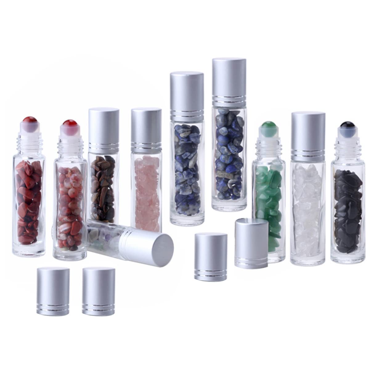 10 Pack 10ml Glass Roller Bottles with Gemstone Roller Balls - Essential Oil Roll On Bottles for Aromatherapy, Skincare & DIY Beauty Products