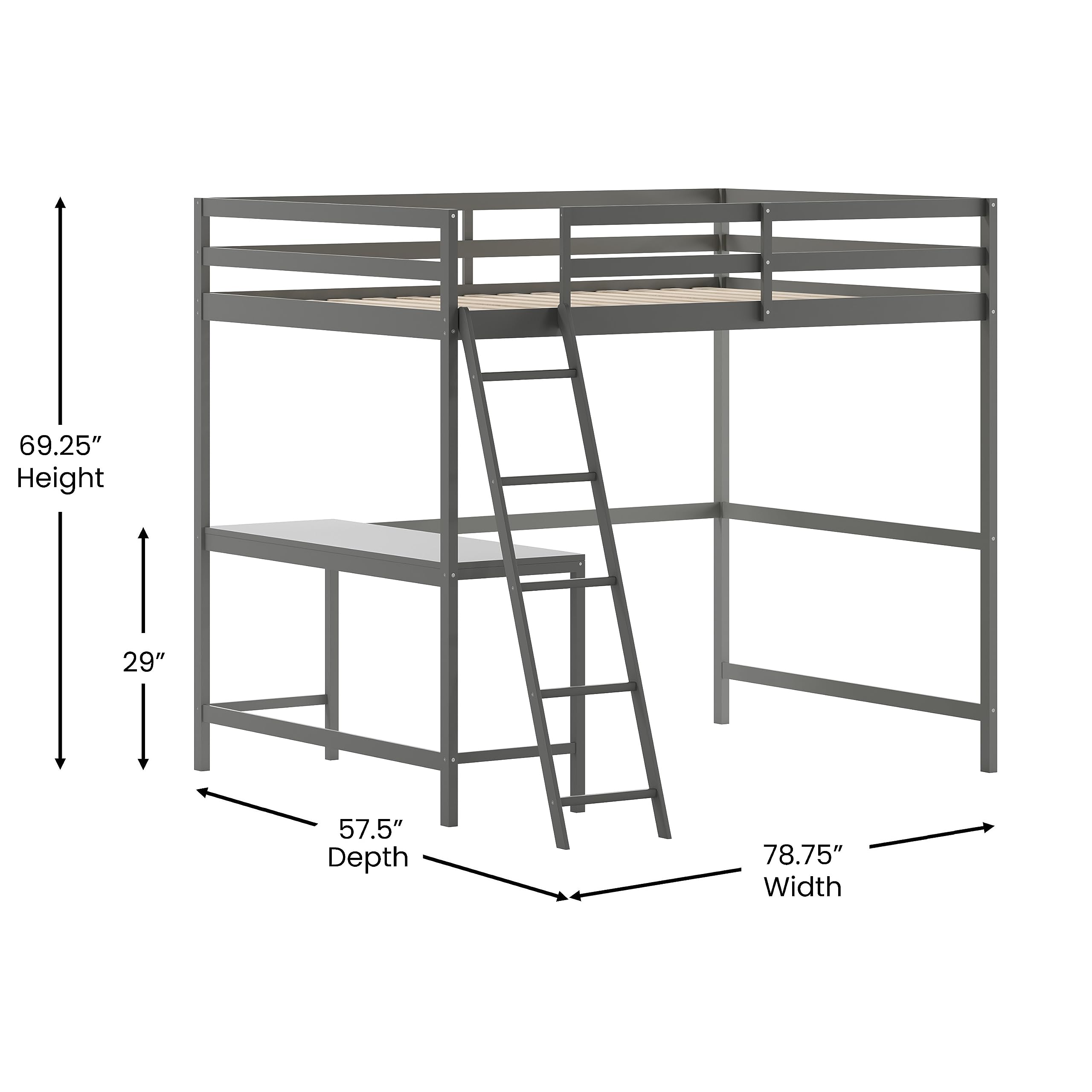 Full Size Loft Bed Frame with Desk - Light Gray Wood Slats, Protective Guard Rails & Ladder - Space Saving Design for Kids & Teens - Perfect for Small Bedrooms & Dorm Rooms