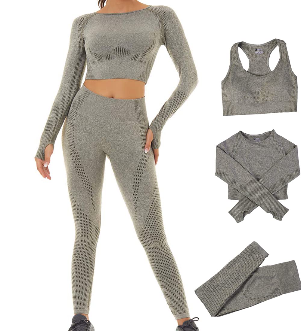 DONYKARRY 3-Piece Seamless Workout Outfit for Women - Long Sleeve Crop Top & High Waist Yoga Leggings Set | Gym, Yoga, Running & Fitness Training