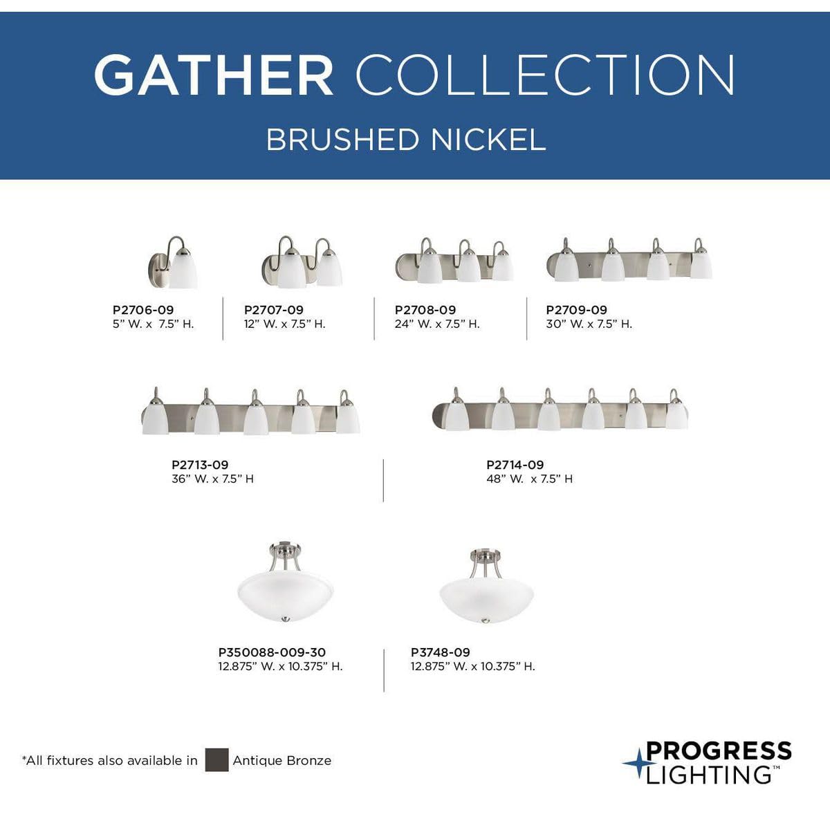 Progress Lighting P2707-09 Gather Bath & Vanity Light Fixture, 1 Pack, Brushed Nickel Finish - Perfect for Bathroom Vanity, Powder Room, and Dressing Area Lighting