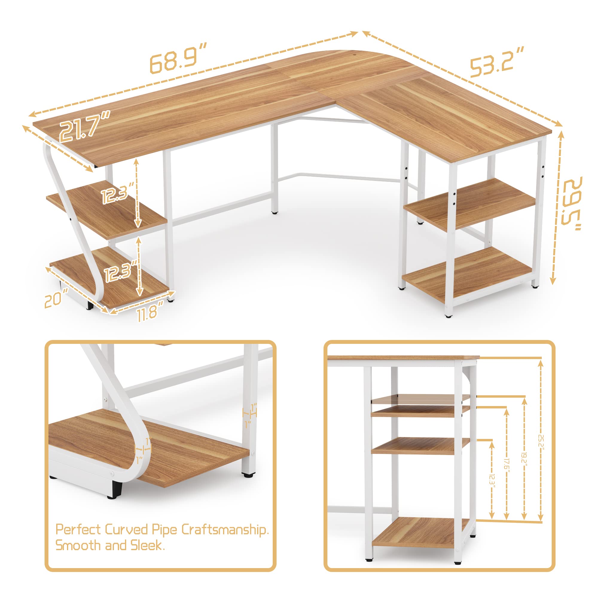 Reversible L-Shaped Desk with Storage Shelves - Modern Corner Computer Desk for Home Office & Gaming Workstation - Walnut Finish | Perfect for Small Spaces, PC Setup & Ergonomic Workspace