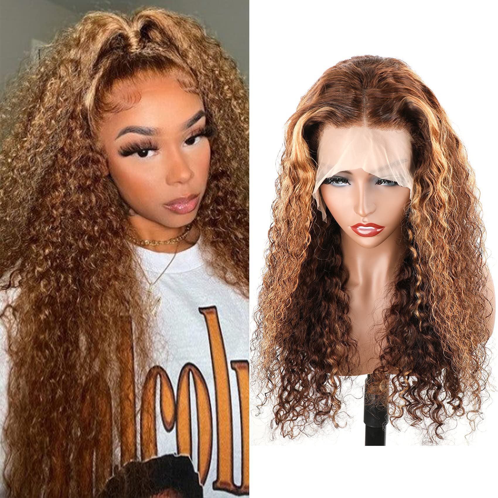 26 Inch Honey Blonde Ombre Highlight Lace Front Wig - 180% Density Human Hair with 13x4 Transparent Lace - Water Wave Style for Women | Perfect for Daily Wear, Cosplay, Parties & Special Occasions