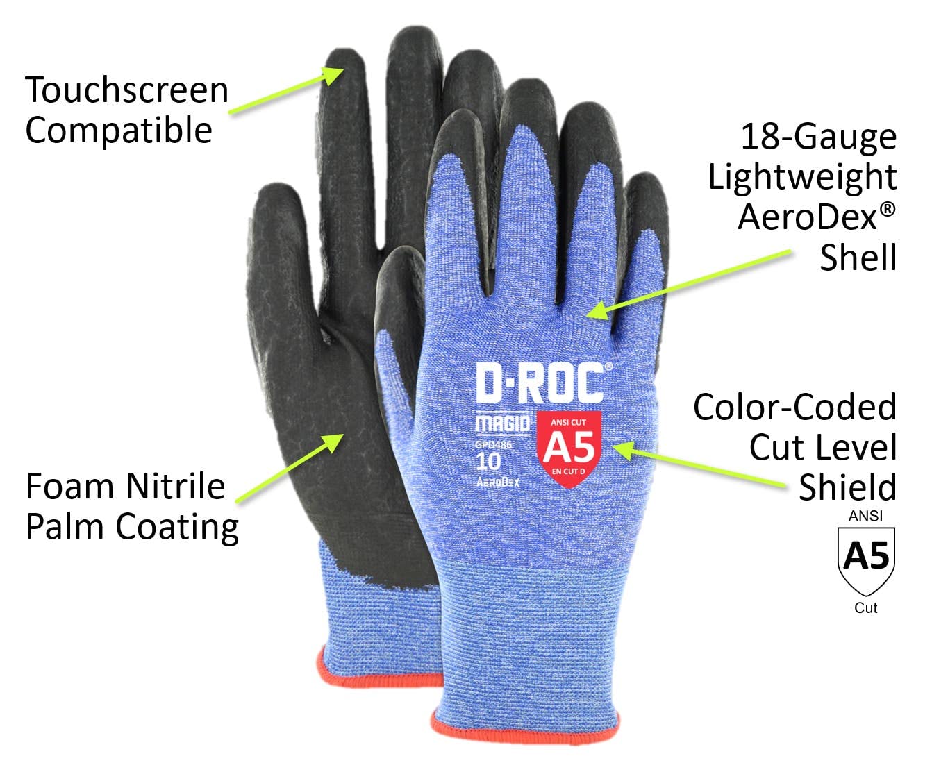 ANSI A5 D-ROC AeroDex 18-Gauge Work Gloves - 24 Pairs Foam Nitrile Coated Safety Gloves, Size 5/XXS, Blue - Perfect for Construction, Warehouse, Automotive & DIY Projects