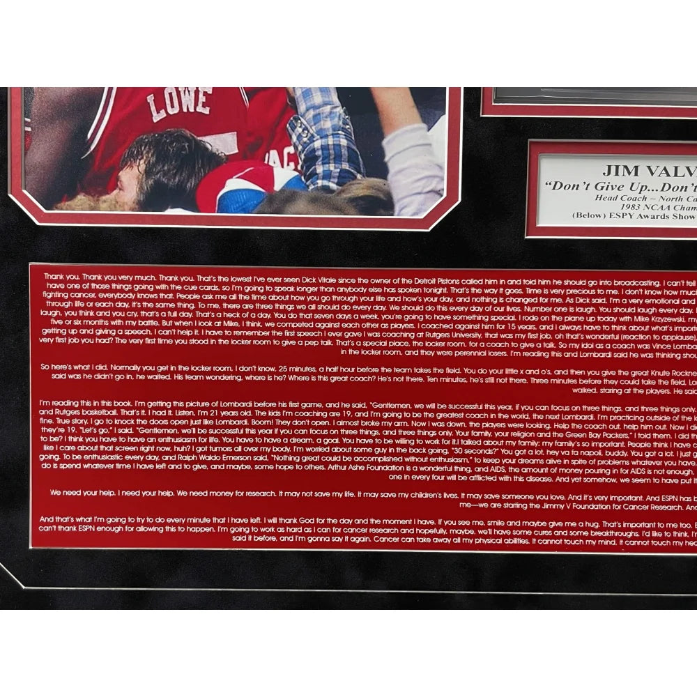 Jim Valvano Autographed Framed Collage with ESPY Speech - Signed Cut Signature & BAS COA - Perfect for Sports Memorabilia Collectors, Man Cave Decor, and Inspirational Gifts