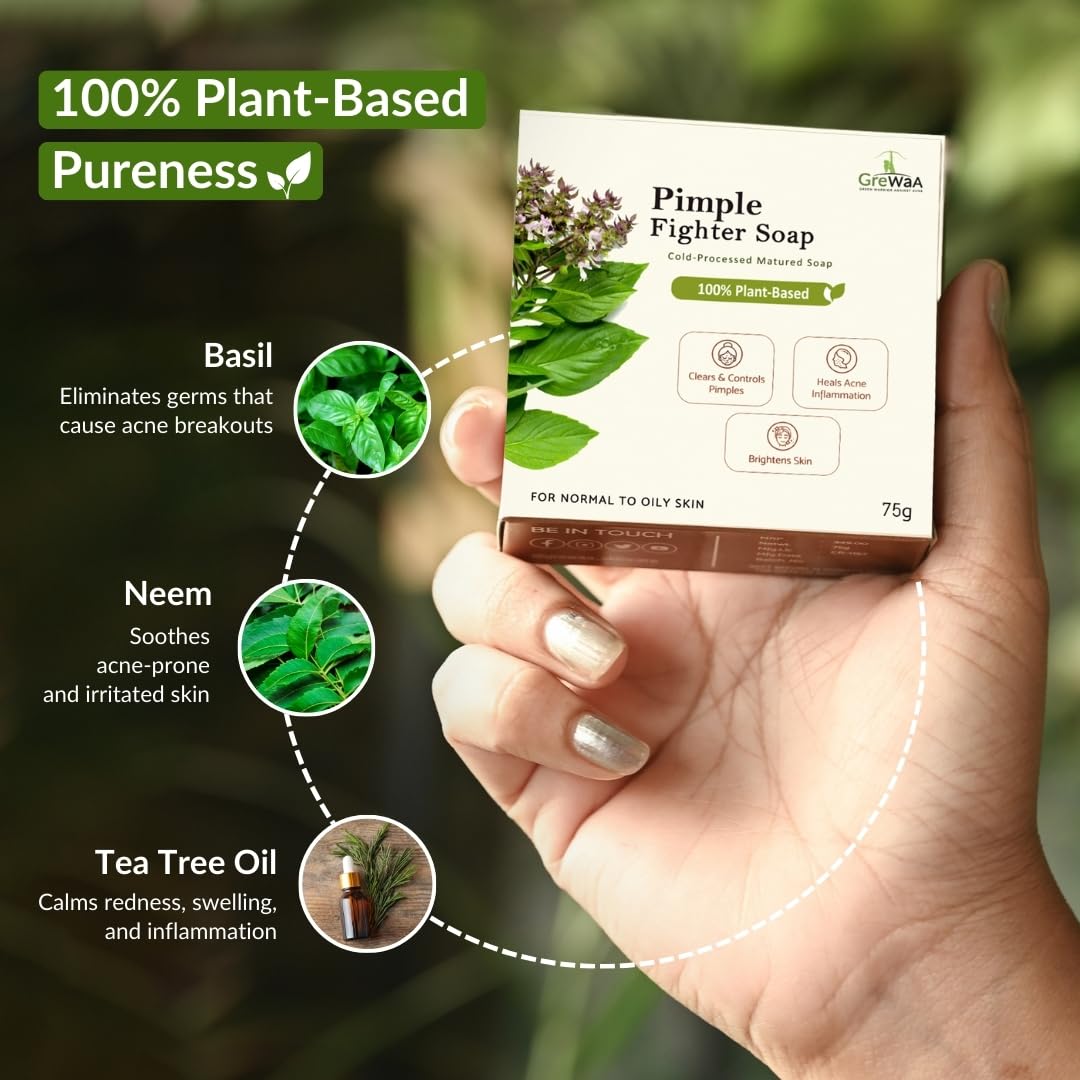 Grewaa Pimple Fighter Soap - 100% Natural Acne Treatment for Face & Body with Basil, Neem & Tea Tree Oil | Clears Oily Skin, Reduces Back Acne & Bumps on Buttocks & Arms | Gentle Daily Cleanser for Teens & Adults (75g) | Perfect for Shower, Gym & Post-Workout Skincare Routine