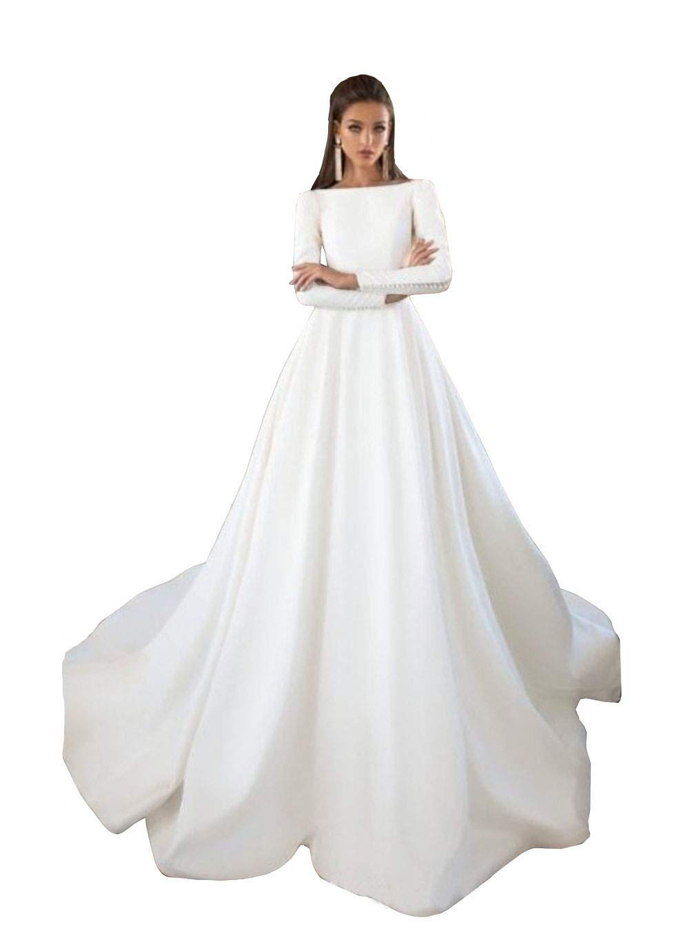 Emanni Women's A-Line Simple Wedding Dress Long Sleeves Boat Neck Satin Gown White - Elegant Bridal Gown for Church, Beach & Formal Weddings
