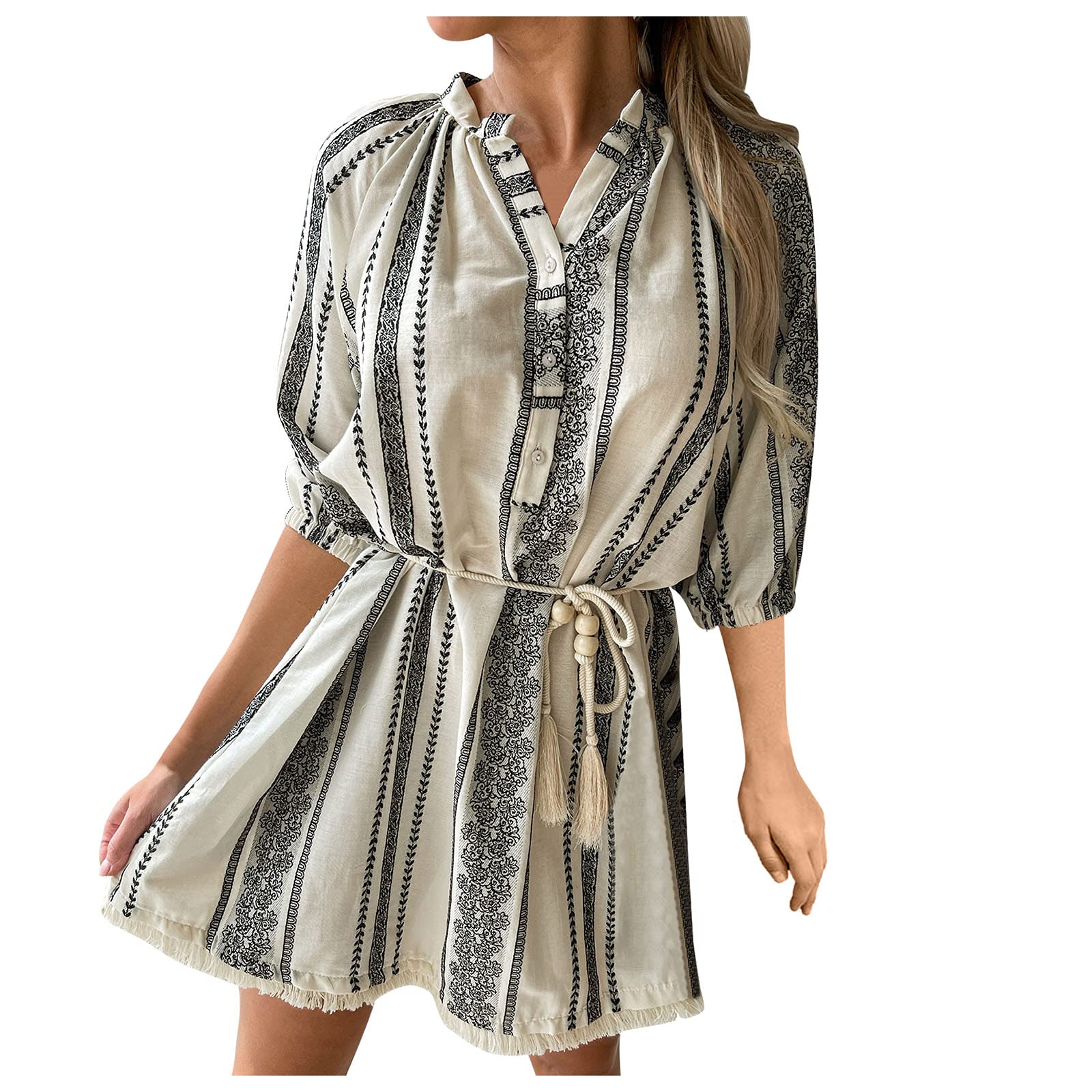Women's Summer Mini Dress with Tassel Drawstring - Boho Printed High Waist Casual Party Dress for Beach, Vacation & Night Out