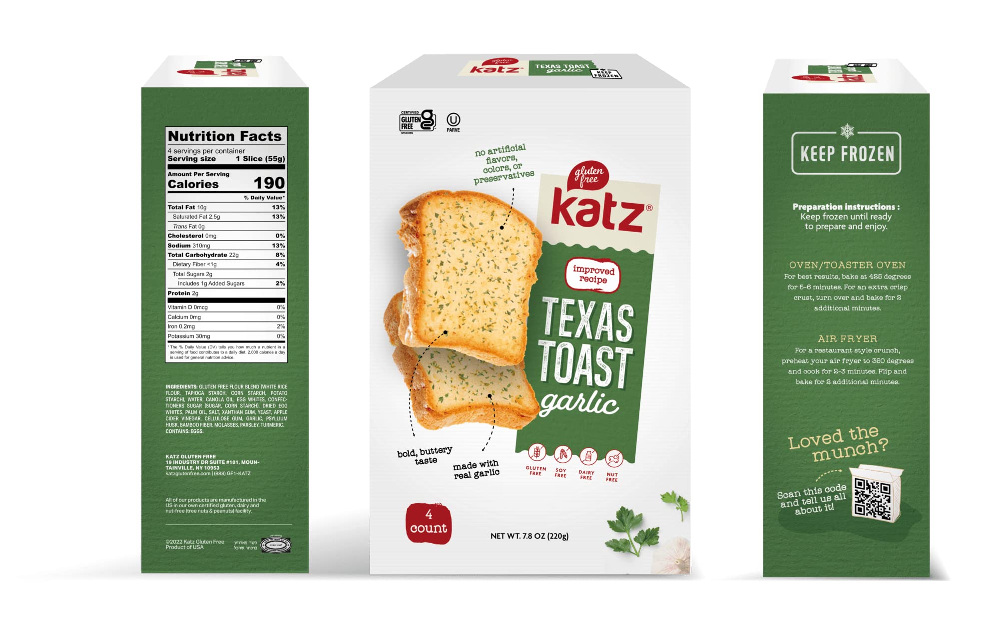 Katz Gluten Free Texas Toast - Dairy Free, Nut Free, Soy Free, Kosher Certified | 4 Slices per Pack, 7.8 oz (Pack of 3) - Perfect for Breakfast, Sandwiches & Family Dinners
