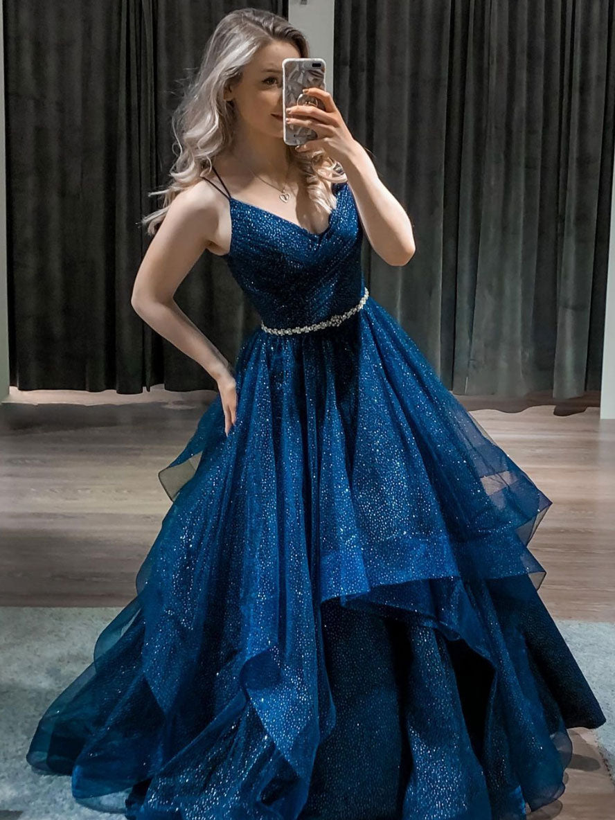 Elegant Blue V-Neck Tulle Sequin Long Prom Dress for Women - Perfect for Formal Dances, Evening Gala & Special Occasions