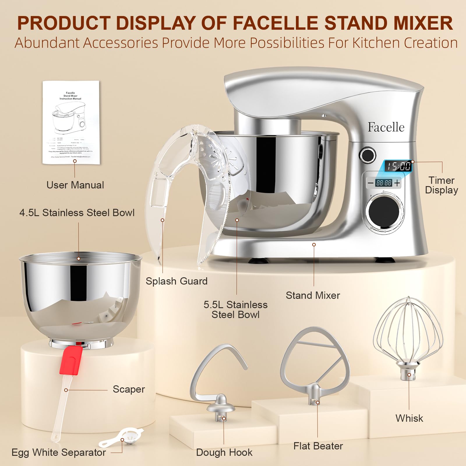**Facelle 1500W Food Processor & Dough Kneading Machine - 5.5L & 4.5L Capacity - Low Noise Stand Mixer with Mixing Hook, Dough Hook, Whisk & Splash Guard - Perfect for Baking Bread, Pizza Dough, Cakes & Cookies**
