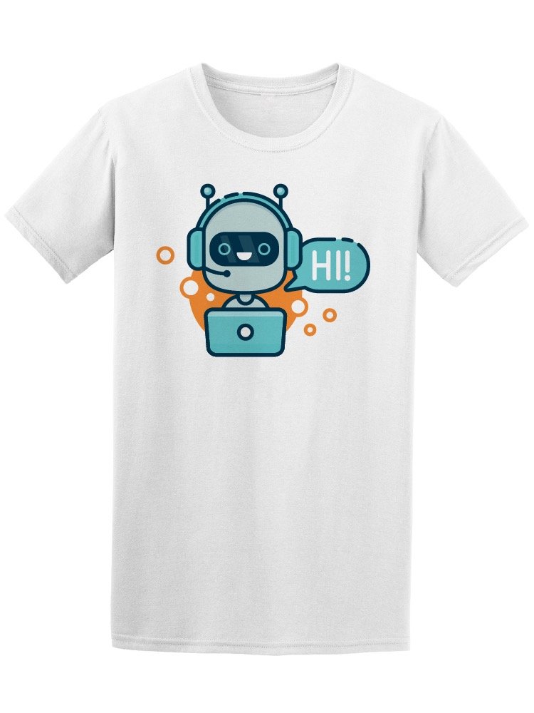 Funny Robot Saying Hi On Laptop T-Shirt for Men - White Cotton Graphic Tee | Geek Tech Humor Gift for Programmers & IT Professionals