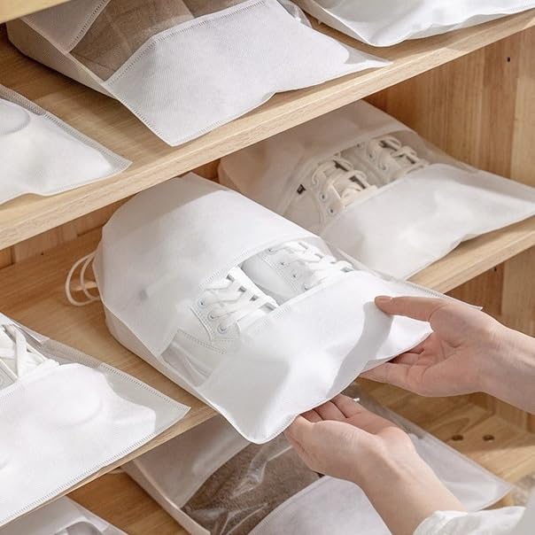 10 Pcs Non-Woven Shoe Storage Bags with Drawstring - Dustproof & Eco-Friendly Shoe Organizers for Travel & Home Use (White) - Perfect for Closet Organization, Moving & Shoe Protection