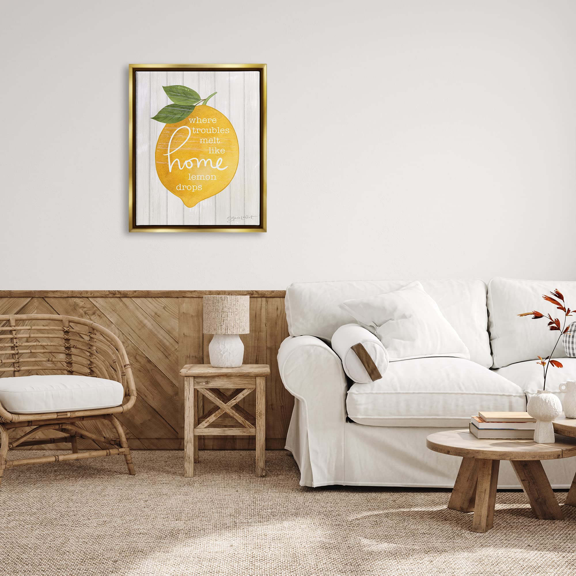 Stupell Industries 'Troubles Melt Like Lemon Drops' Framed Floater Canvas Wall Art by Annie LaPoint - Inspirational Home Decor for Living Room, Bedroom & Office
