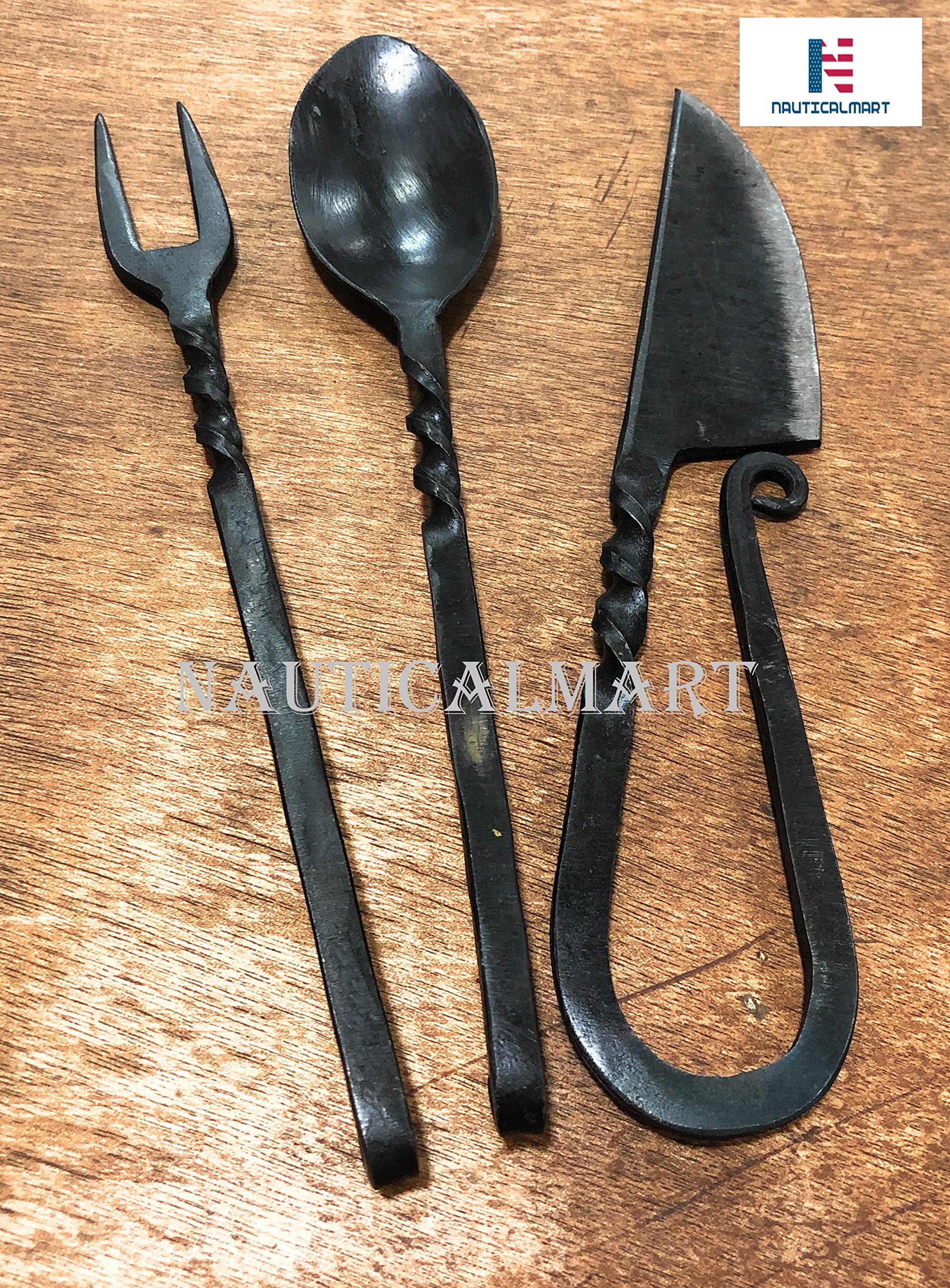 Medieval Eating Utensil Set - Handcrafted Iron Fork, Knife & Spoon - Authentic Renaissance Dinnerware for Reenactments, Themed Parties & Historical Collections