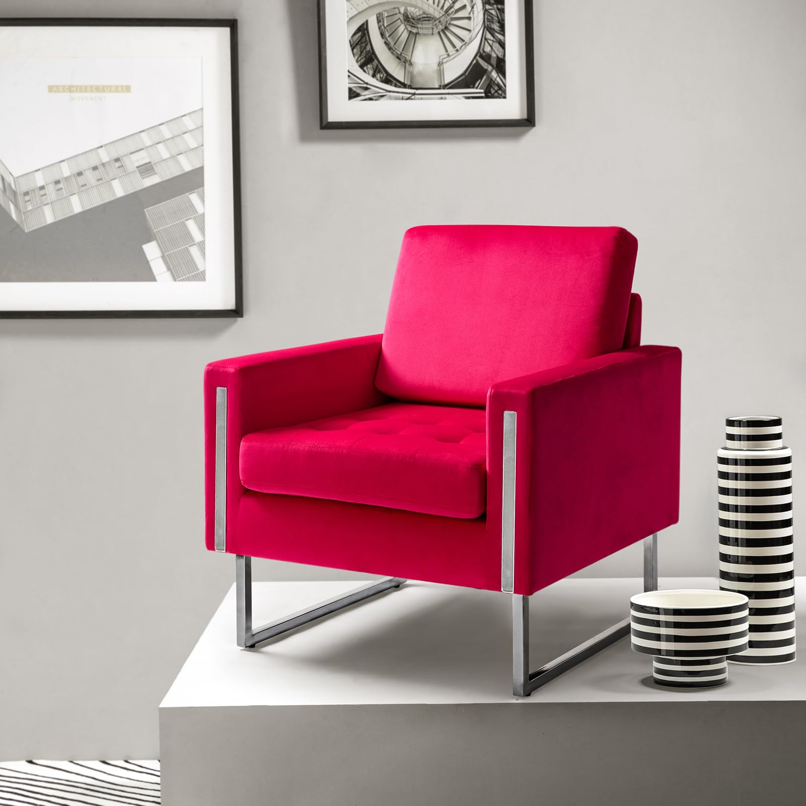HULALA HOME Modern Velvet Accent Armchair with Back & Seat Cushions - Comfortable Upholstered Club Chair with Sturdy Metal Legs - Tufted Sofa Chair for Living Room, Bedroom, Office - Fuchsia Pink Lounge Chair for Relaxing & Reading