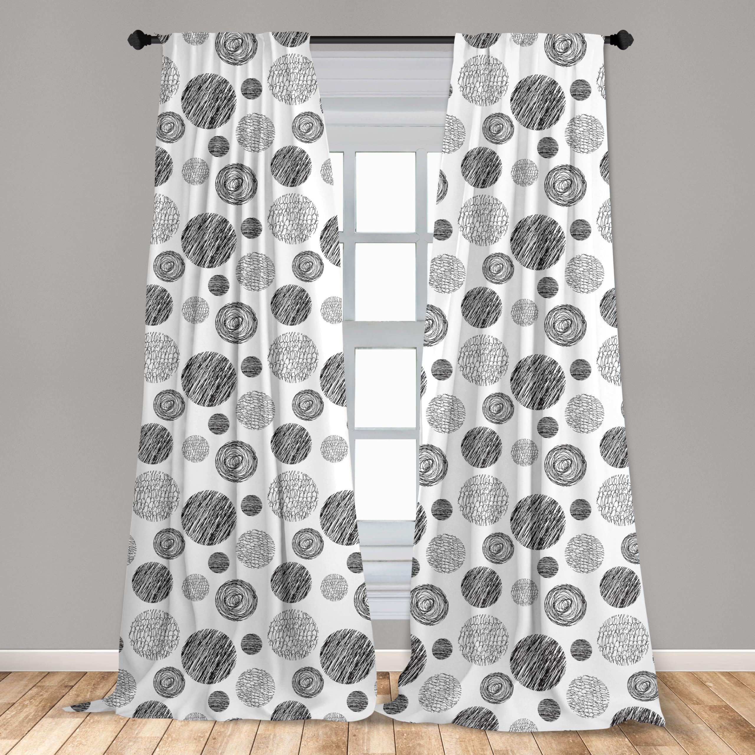 Ambesonne Abstract Black and White Window Curtains - Hand Drawn Circular Doodle Lines & Swirls Pattern, Minimalist Monochrome Design - Lightweight Rod Pocket Curtains 2 Panel Set (28x84 Inches) for Living Room, Bedroom & Office Decor