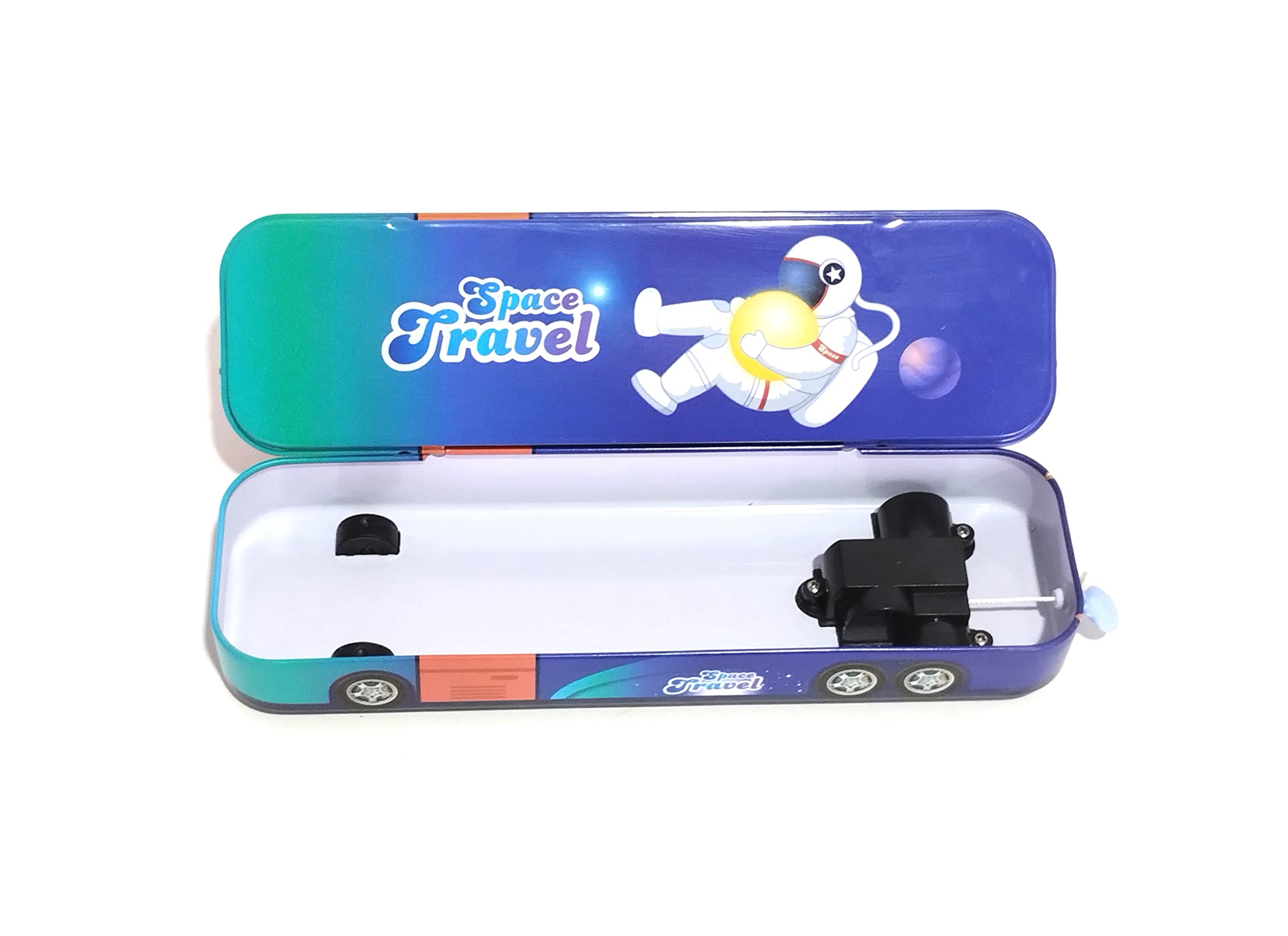 Anvi Cartoon Printed Metal Bus-Shaped Pull Back Pencil Case with Functional Wheels | 3 Compartment School Supply Organizer | Fun String-Operated Toy for Kids | Perfect Birthday Gift for Boys & Girls (Space Travel Design) - Great for School, Travel & Playtime