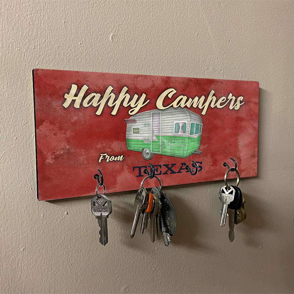 Brotherhood Texas Happy Campers RV Decor Key Holder Organizer - Wall Mount Rack for Home Keys, Rings & Camping Accessories - Perfect for RV, Cabin & Outdoor Enthusiasts