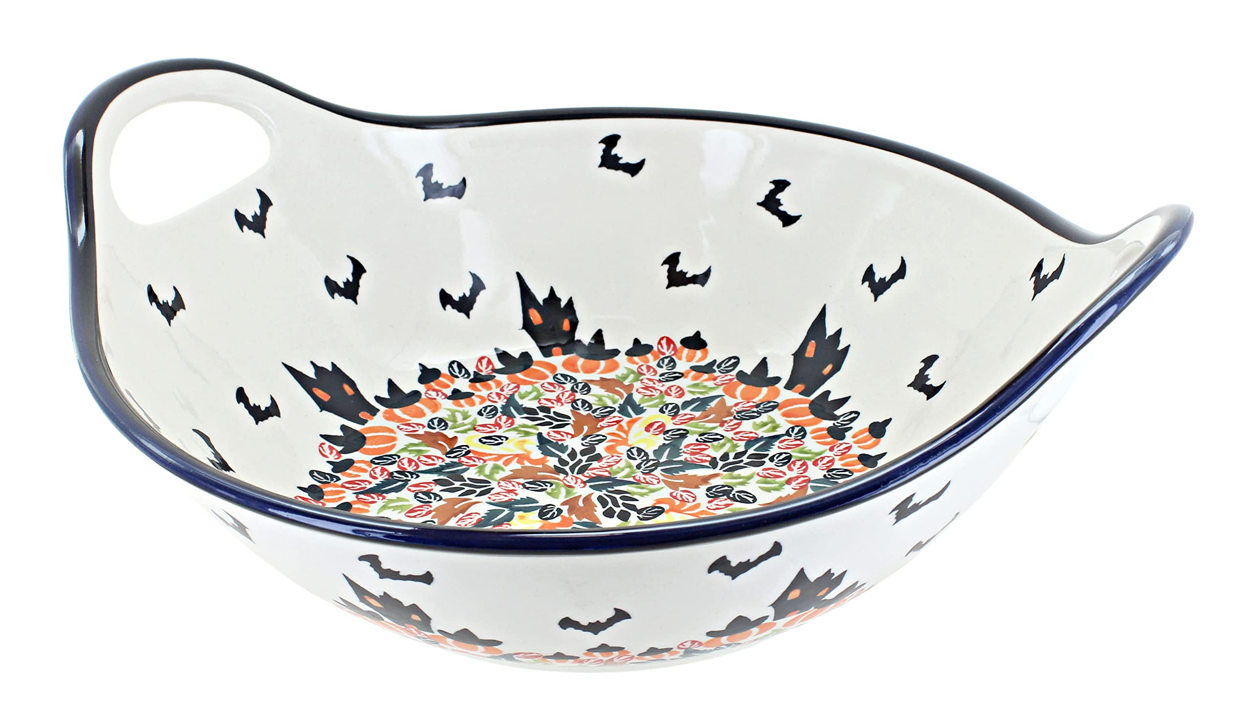 Handmade Blue Rose Polish Pottery Haunted House Deep Bowl with Dual Handles - Halloween Decor, Gothic Dinnerware & Unique Serving Bowl for Spooky Parties