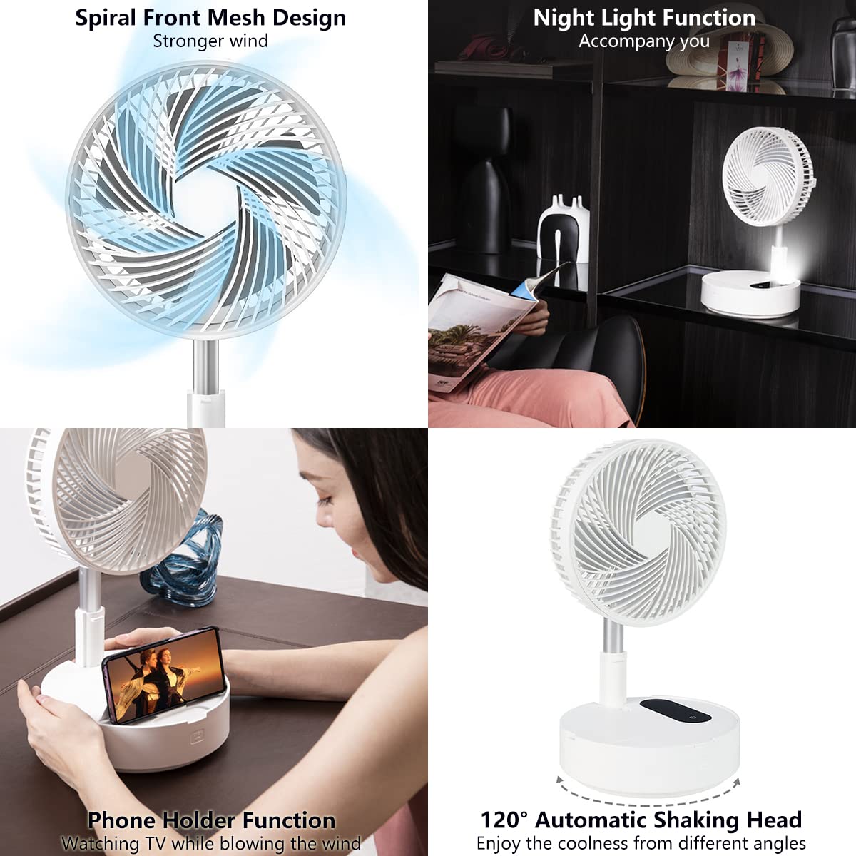 Portable Telescopic Floor Fan with Remote Control - 10000mAh Rechargeable USB Standing Fan, Adjustable Height & 4 Speed Settings, Ultra Quiet for Office, Bedroom, Camping & Outdoor Use