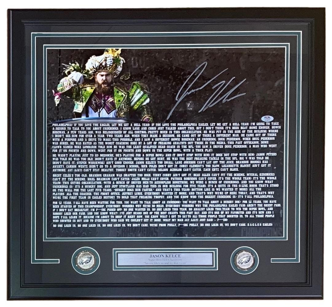 Jason Kelce Autographed Eagles Super Bowl LII Championship Parade Speech Photo - 16x20 Framed with PSA ITP Hologram - Perfect for Eagles Fans, Sports Memorabilia Collectors and Man Cave Decor