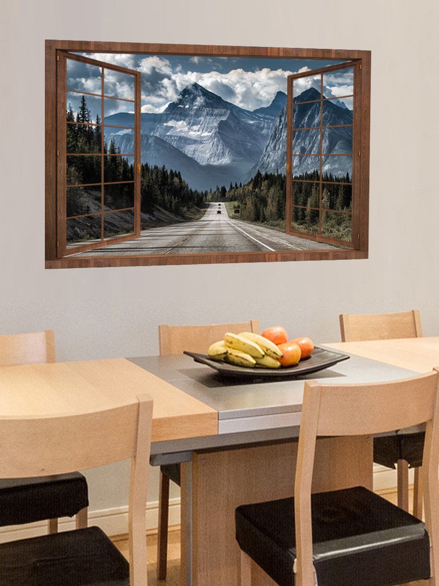 Snow Mountain View Window Decal - 27.6x19.7 Inch Removable Faux Window Sticker for Kids Room & Nursery - Self-Adhesive Wall Art Mural for Bedroom, Playroom & Home Decor