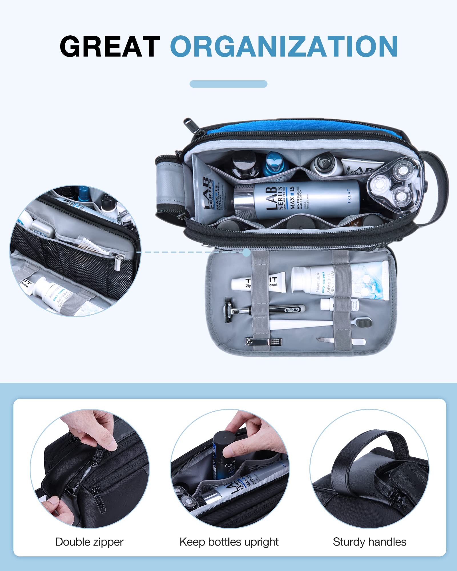 BAGSMART Large Water-resistant Travel Toiletry Bag for Men - Shaving Dopp Kit Organizer with Multiple Pockets, Perfect for Gym, Business Trips & Camping Accessories (Black)