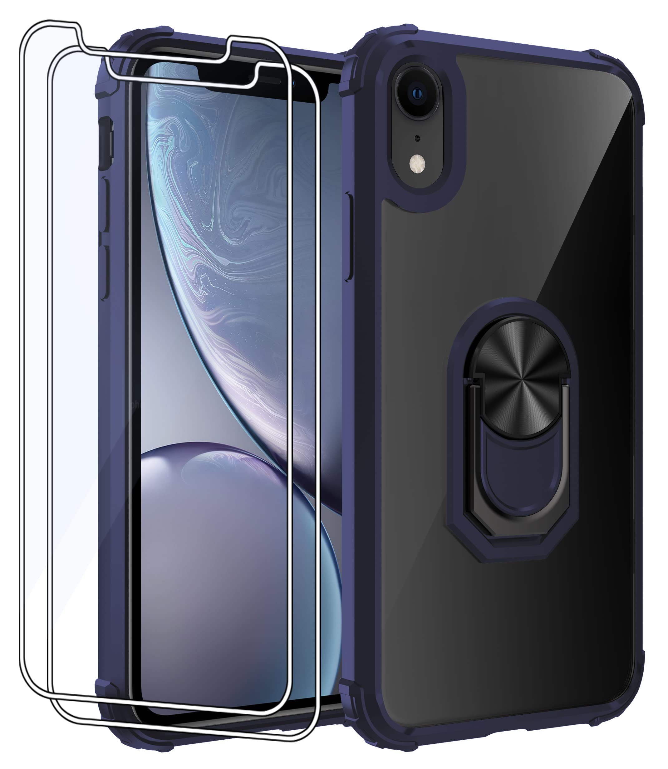 **SunStory iPhone XR Case with Tempered Glass Screen Protector (2 Pack) – Magnetic Ring Kickstand, Clear-Blue – Shockproof & Slim Fit for iPhone XR 2018 | Perfect for Work, Travel & Everyday Use**