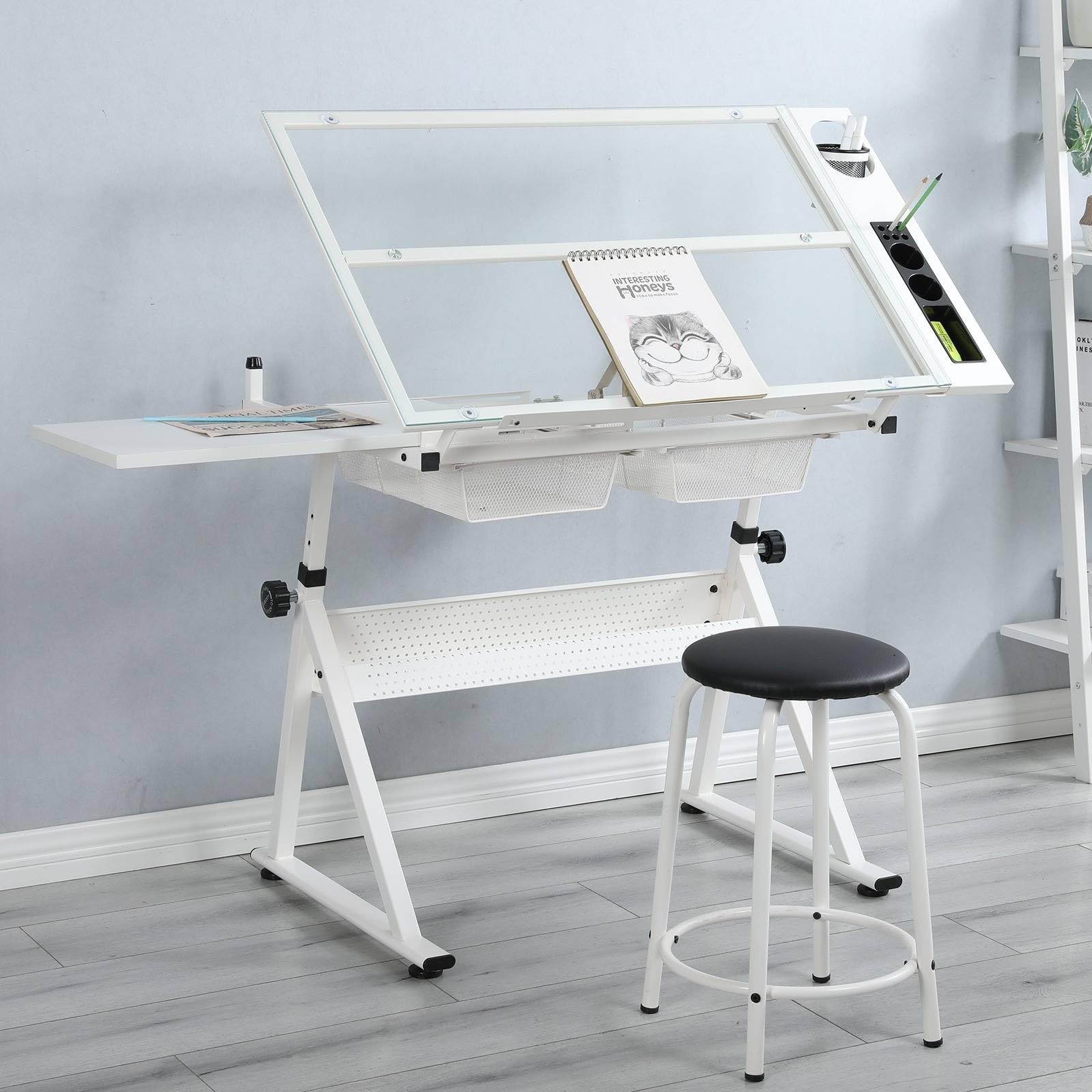 Adjustable Tempered Glass Drafting Table with Stool - Modern Art Studio Desk for Drawing, Design & Office Work | Perfect for Artists, Architects & Students in Home Office or School Settings