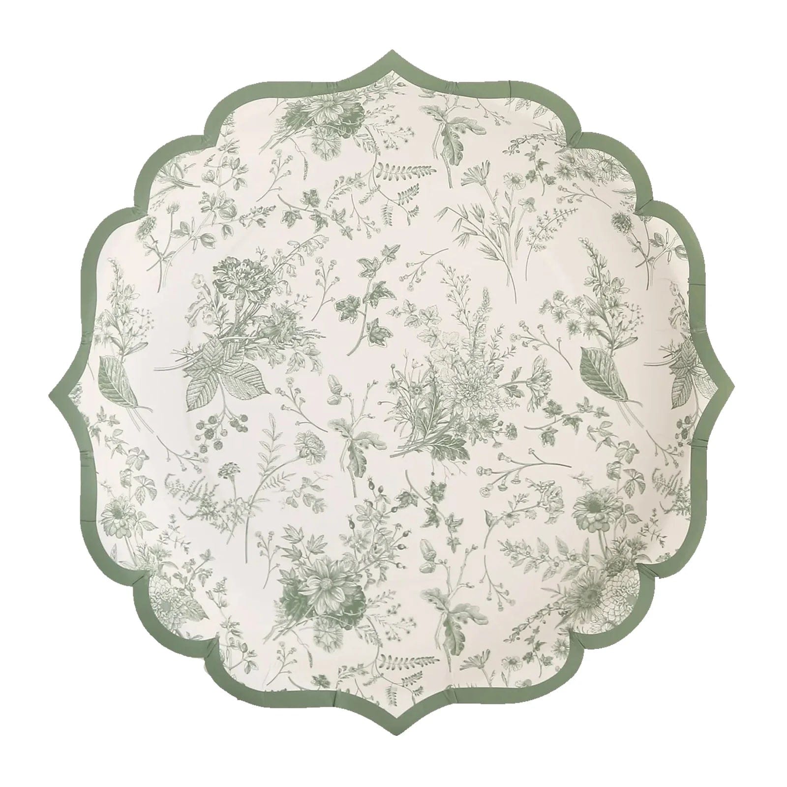 25-Pack White and Sage Green Floral Leaf Print Paper Plates with Scalloped Rim - Elegant Disposable Tableware for Weddings, Baby Showers & Garden Parties