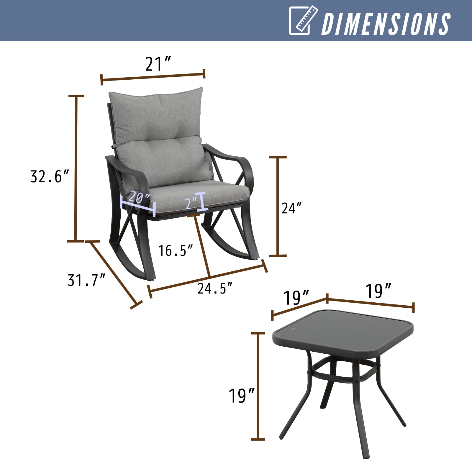 AQUILLA 3-Piece Outdoor Patio Rocking Set with Metal Frame & Tempered Glass Table - Light Gray Cushioned Bistro Set for Garden, Backyard, Porch - Perfect for Relaxing, Entertaining & Outdoor Dining