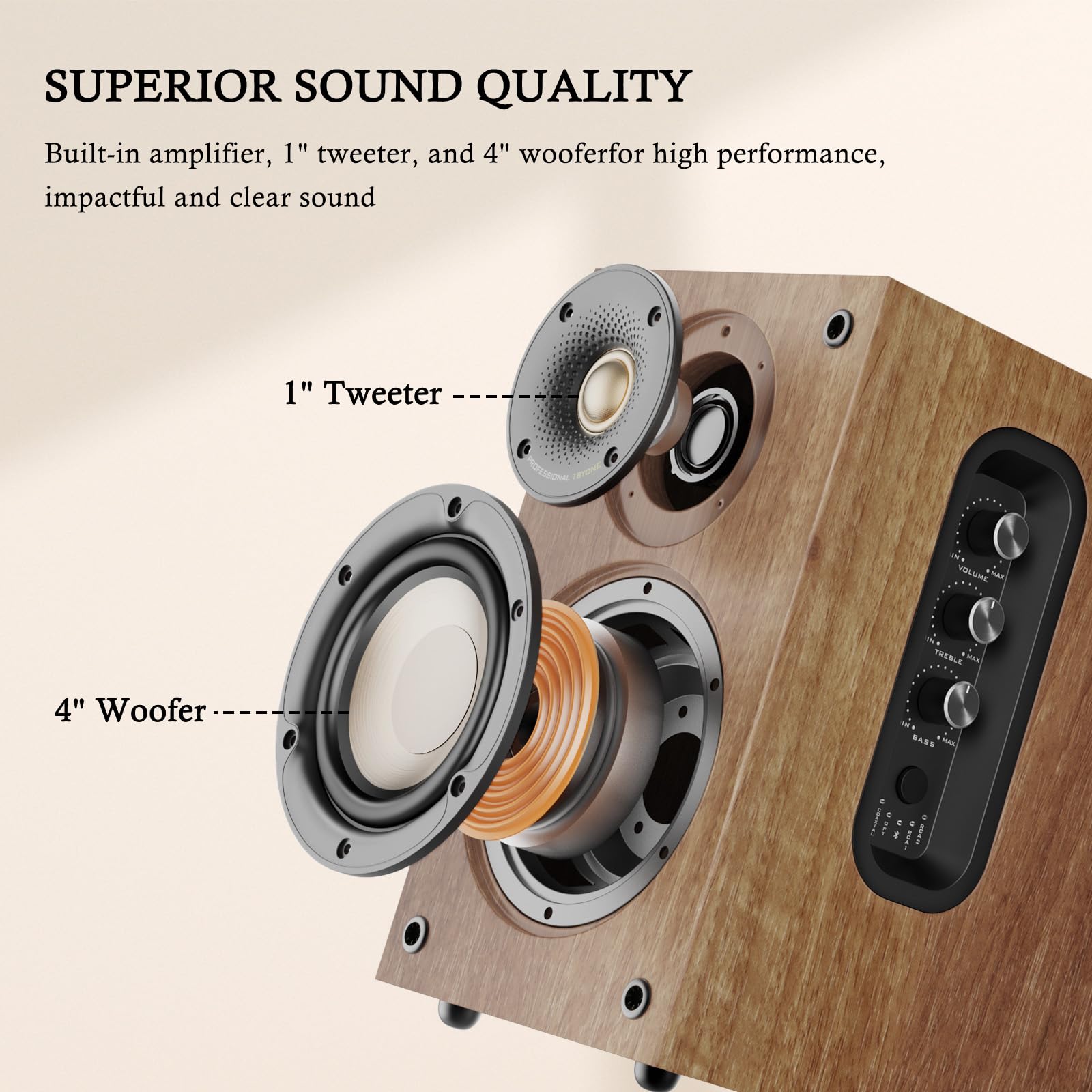 1 by ONE Bluetooth Bookshelf Speakers - Active 2 Way Speakers with 60W RMS & 100W Peak Power, Wireless Turntable Speakers with RCA/Bluetooth/Coaxial/Optical Inputs - Perfect for Home Audio, Gaming & Music Streaming