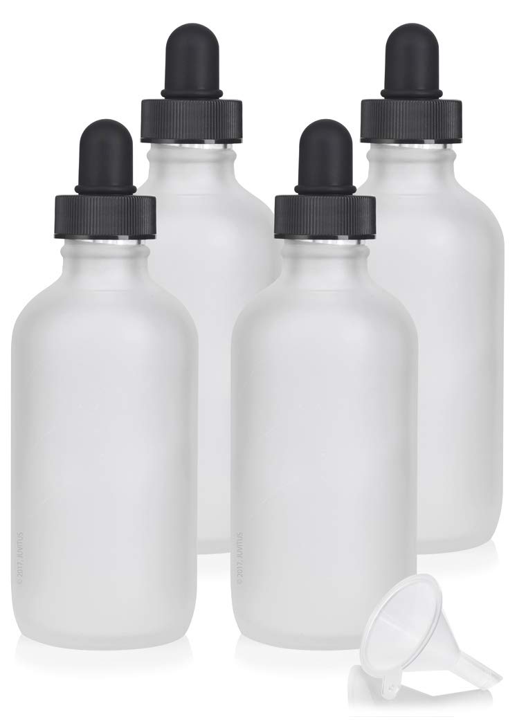 JUVITUS 4 oz Frosted Clear Glass Boston Round Bottle with Glass Dropper - 4 Pack with Free Funnel - Essential Oil Bottles, DIY Craft Supplies, Travel Toiletries Storage - Perfect for Aromatherapy, Homemade Beauty Products & Small Batch Liquids