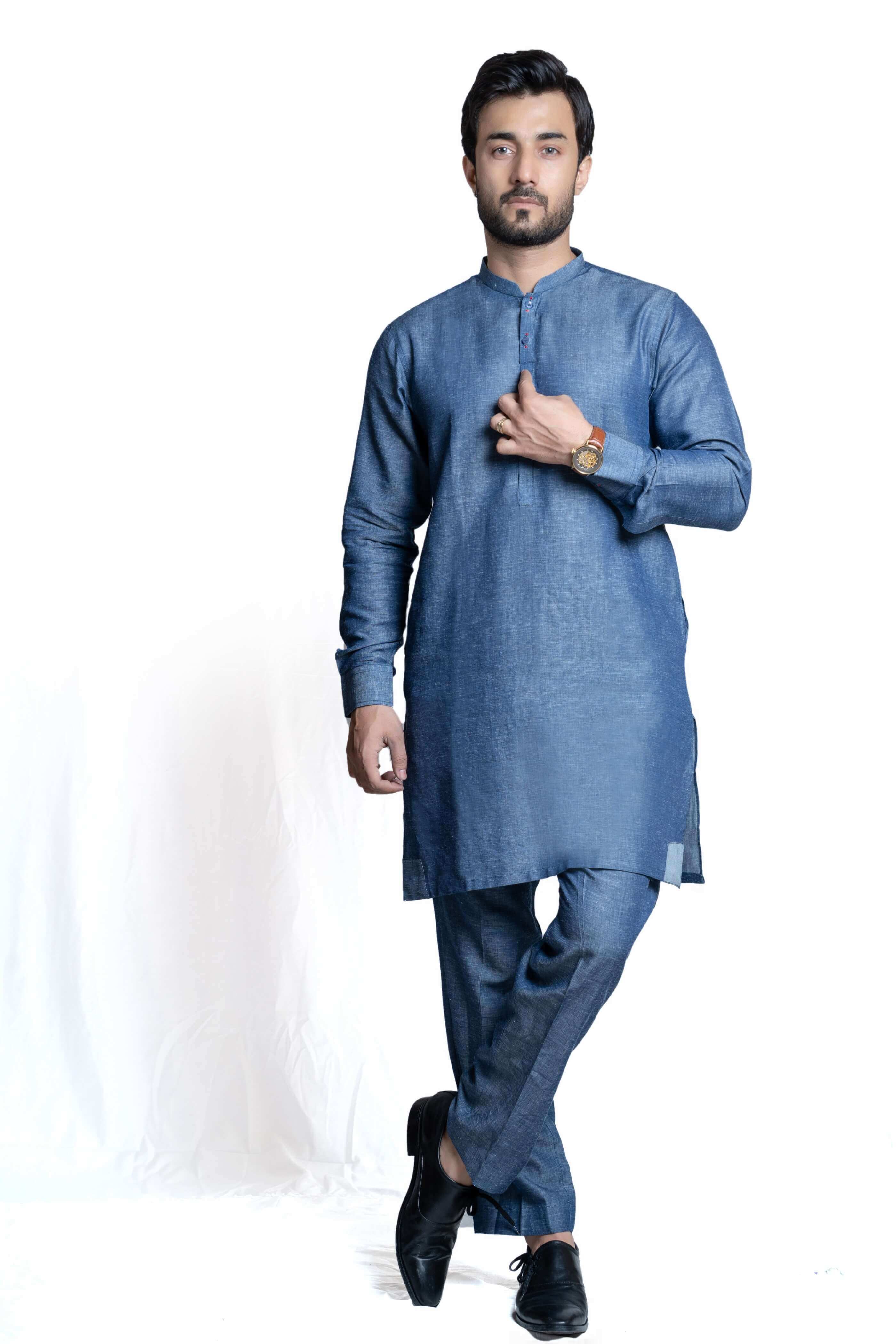 Elegant Blue Tensile Linen Kurta Pant Set - Classic Fit Indian Ethnic Wear for Men, Perfect for Festivals, Weddings & Casual Outings
