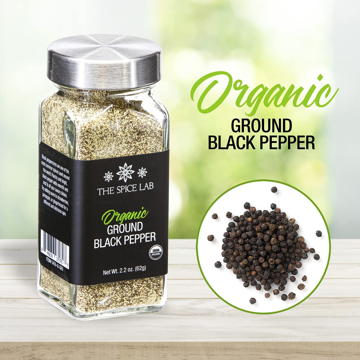 Organic Black Pepper Ground - Medium Grind, Gluten Free, Non-GMO, Keto & Vegan Friendly - 2.2 oz French Jar - Premium Kosher Seasoning from Black Peppercorns - Perfect for Cooking, Grilling & Seasoning Dishes