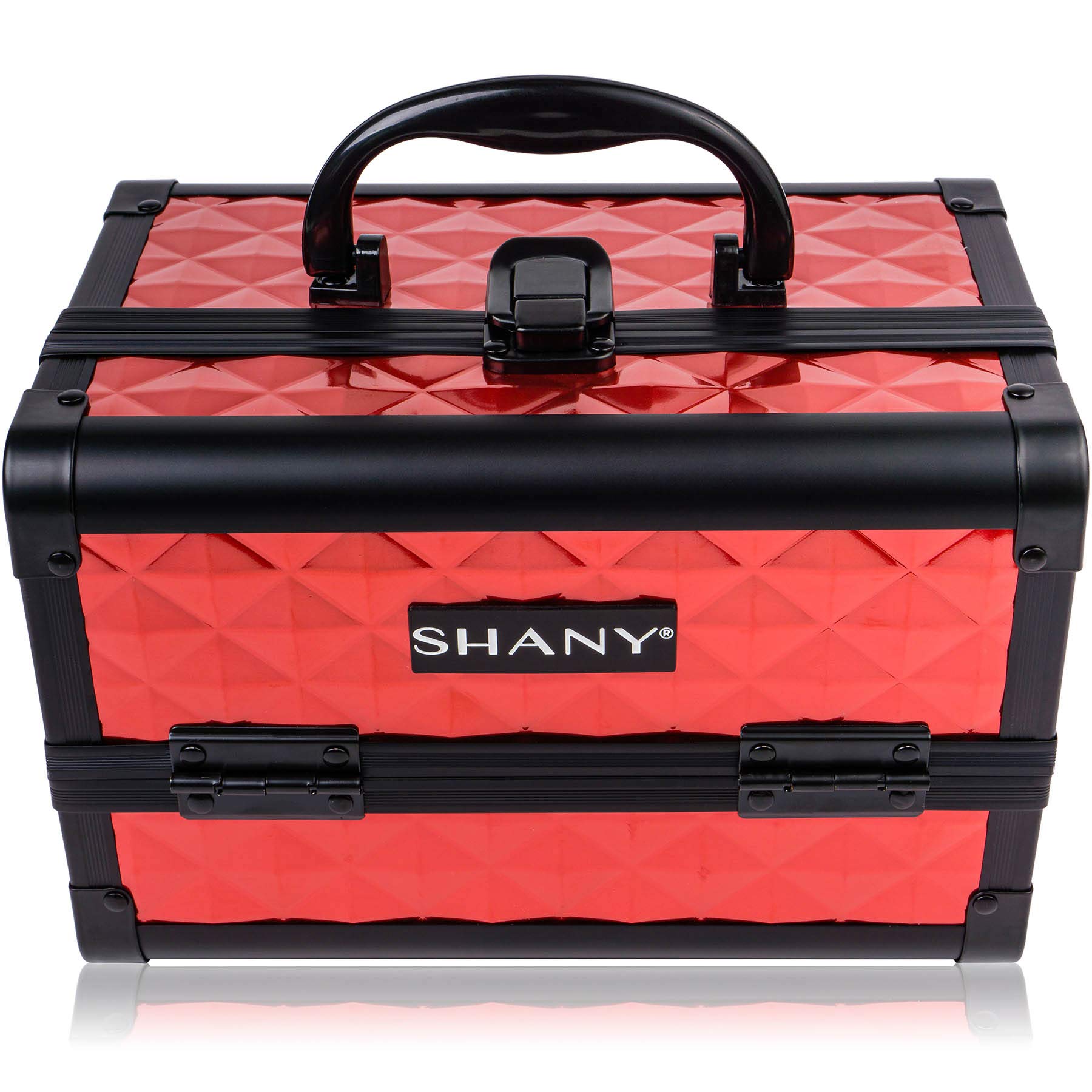 SHANY Chic Portable Makeup Train Case with Lock & Mirror - 3-Tier Cosmetic Organizer for Makeup, Jewelry Storage | Travel, Salon & Home Beauty Organization (Ruby Red)