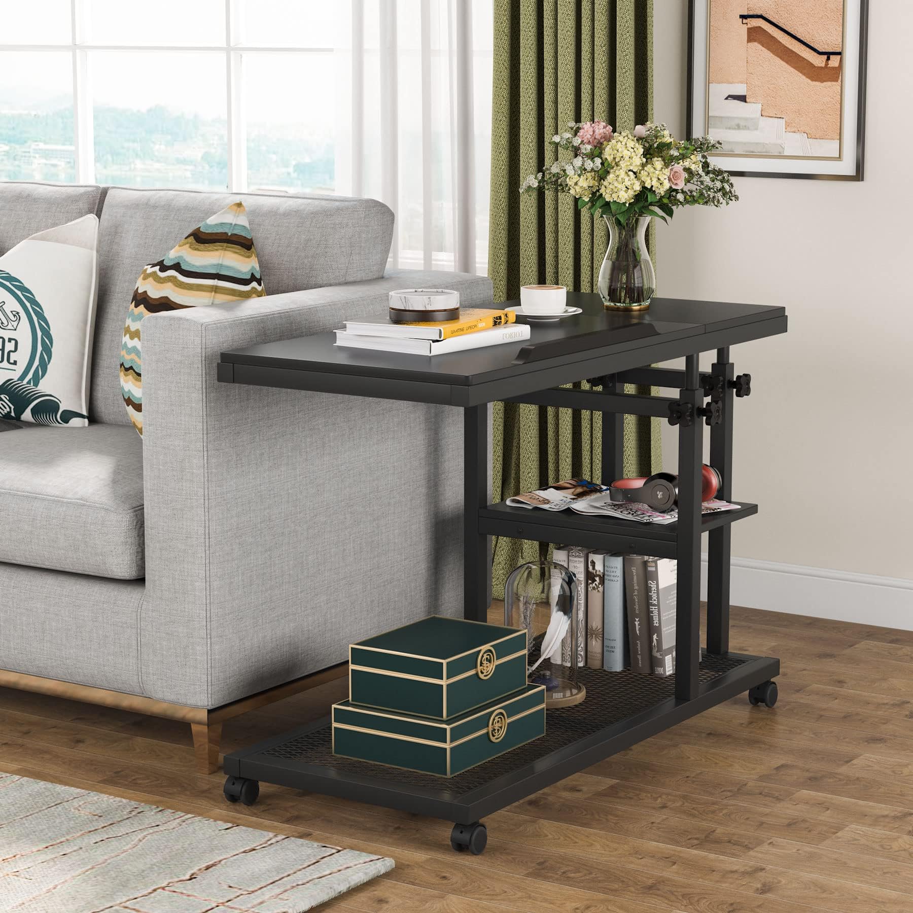Tribesigns Adjustable Height C-Shaped Table with Wheels - Mobile Sofa Side Table, Tiltable Drawing Board, Bedside Laptop Stand & TV Tray with Storage Shelves - Perfect for Living Room, Bedroom, Office (Black)