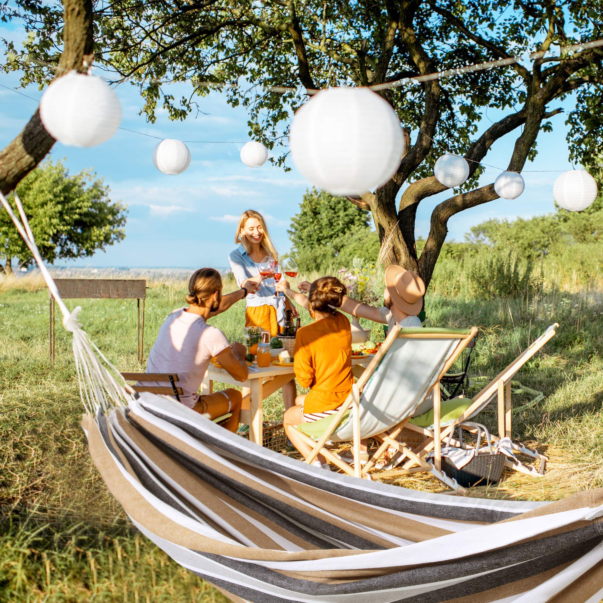 Double Hammock Brazilian Style with Carrying Bag - Soft Woven Fabric Supports 450lbs - Extra Large Brown & Grey Stripe - Perfect for Patio, Garden, Backyard, Porch, Indoor & Outdoor Relaxation