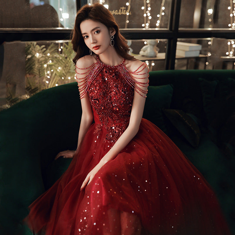 Elegant Burgundy Tulle Prom Dress with Beading - Formal Evening Gown for Homecoming, Quinceañera & Special Occasions