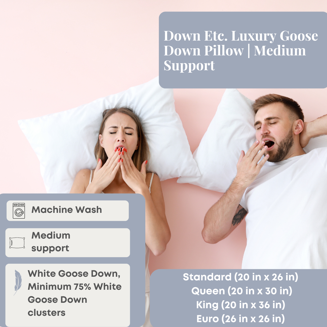 Premium Luxury Goose Down Pillow for Neck Support - Medium Firmness - Hypoallergenic & Breathable for Side, Back, and Stomach Sleepers - Perfect for Bedroom, Hotel, and Travel Use