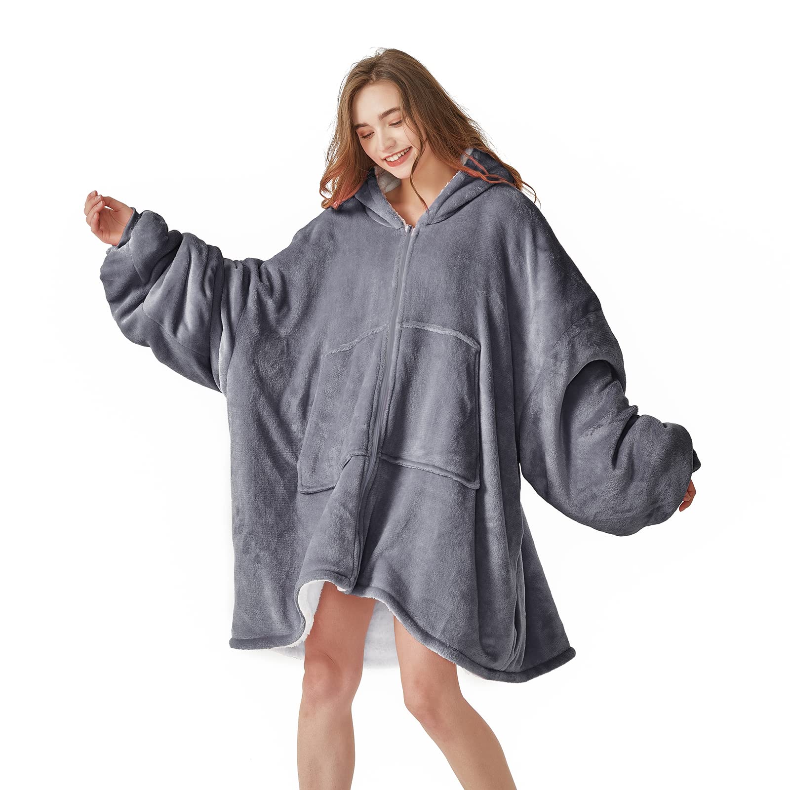 Topcee Oversized Zip-Up Hoodie Blanket - Cozy Sherpa Fleece Wearable Blanket with Giant Pocket for Women & Men - Perfect for Lounging, Camping, Gifts (Grey)